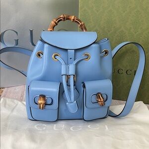 $4,150 New Authentic BAMBOO GUCCI Backpack baby blue + pouch, gift box, bag